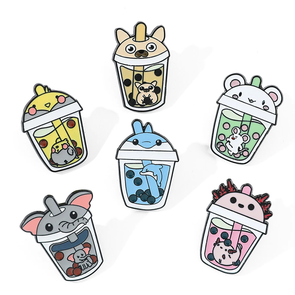 Cute Bubble Tea Spille Smaltate Cartoon Milk Tea Spilla Con Animali Elefante Gatti Distintivo Unicorno Per Bambini Giacca Zaino Gioielli