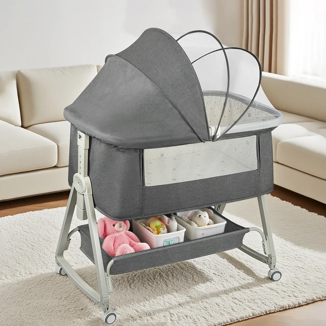 Lit cododo 4-en-1 pour bébé, réglable en 6 positions, avec matelas, 15 °   Inclinable, Roues avec freins, Lit bébé 0-24 mois 1