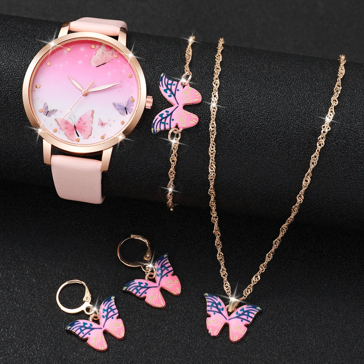 5PCS/Set Women's Watch Fashion Butterfly Dial Leather Band Quartz Watches Jewelry Set（Without Box） 3