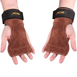 Premium Leather Gym Grips with Wrist Support for Weightlifting and Fitness (Coffee - 2pcs)