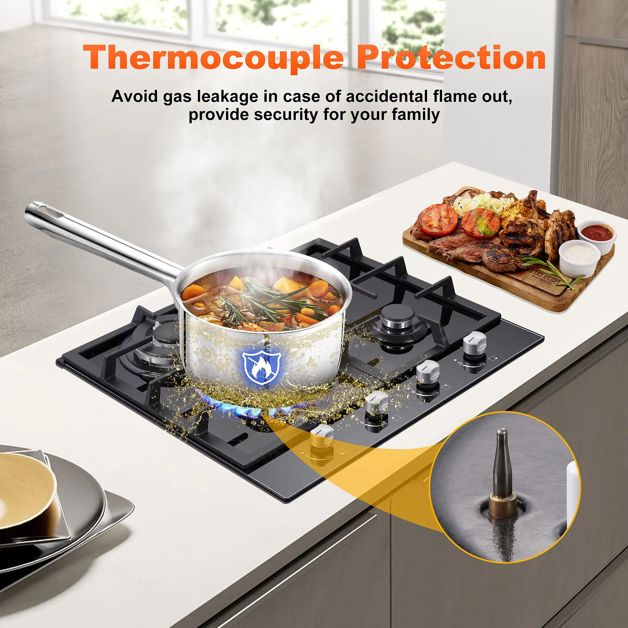 Tieasy 24 Inch 4 Burner Built-in Tempered Glass NG/LPG Convertible Thermocouple Protection Child lock Gas Cooktop GH003-244G 3