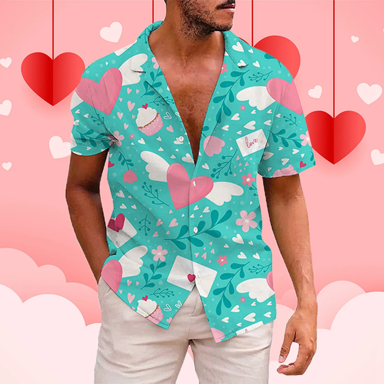 

Valentine's Day Men's Valentine's Day Short Sleeve Shirt Autumn Casual 3D Printing Hawaii Short Gift For Lovers Couple Clothes