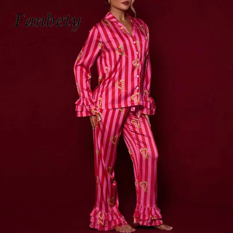 

Christmas Loungewear Women Print Striped Nightwear Love Pattern Button Long Sleeve Shirt and Elastic Waist Pants Suits Sleepwear