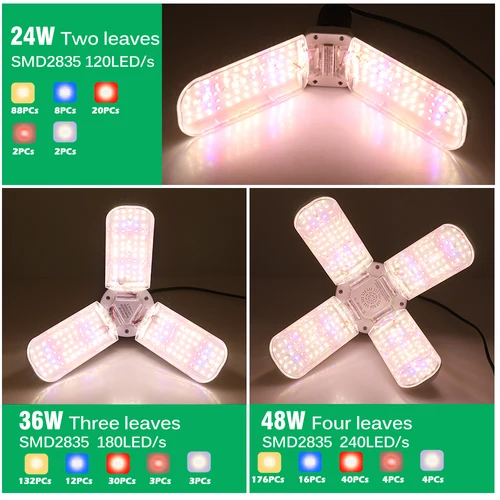 24W 36W 48W 접이식 LED 성장 빛 전체 스펙트럼 E27 식물 성장 빛 식물 램프 전구 실내 식물 꽃 묘목 2