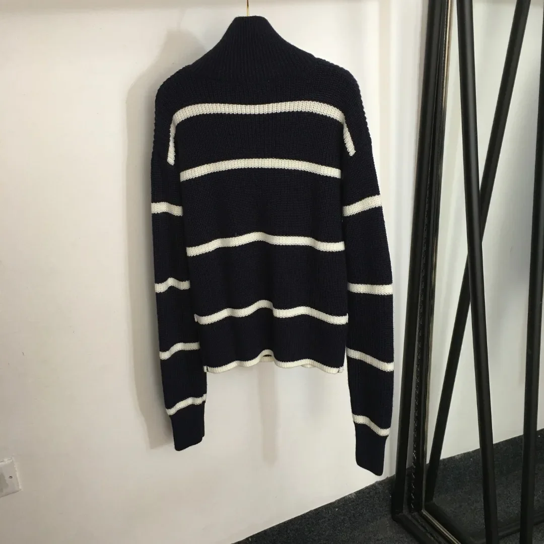 2023 Contrast Stripe Half Zipper High Neck Long Sleeve Pullover Sweater Women's SML