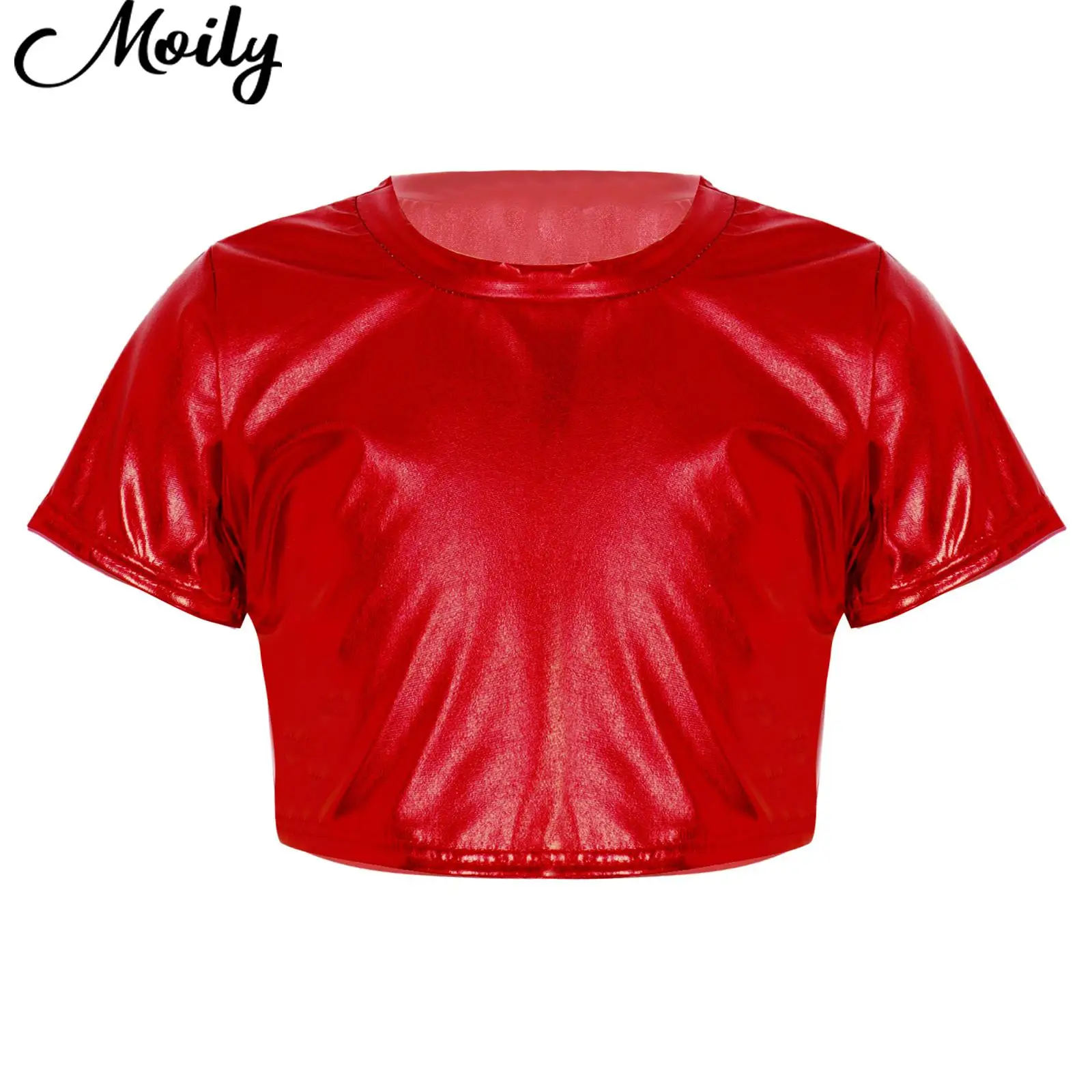 

Kids Girls Tank Top for Jazz Ballet Dance Crop Top Short Sleeve Modern Dance Performance Top Shiny Metallic Dance Tops Dancewear