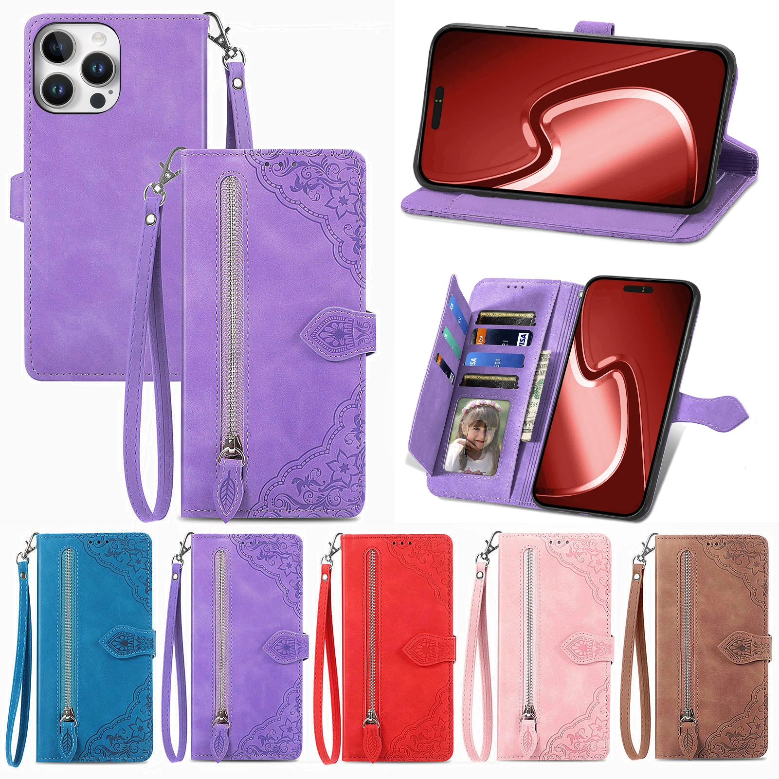 Luxury PU Leather Phone Case with Shockproof Zipper Wallet and Card Holder