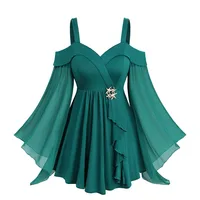 ROSEGAL Plus Size Cold Shoulder Sheer Mesh Flare Sleeves Tops Women's Autumn Costume Green Casual Blouses