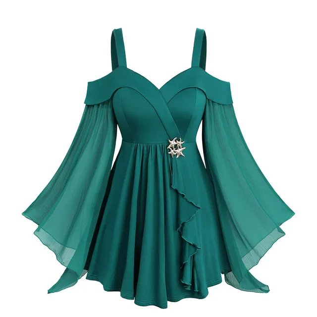 ROSEGAL Plus Size Cold Shoulder Sheer Mesh Flare Sleeves Tops Women's Autumn Costume Green Casual Blouses