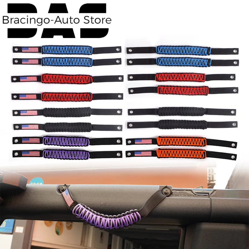 Fit For Ford Bronco 2021 2022 2Door 4Door 2pcs Anti-Slip Roll Bar Grab Handles Braided Armrest Grips Paracord Styling With Flag