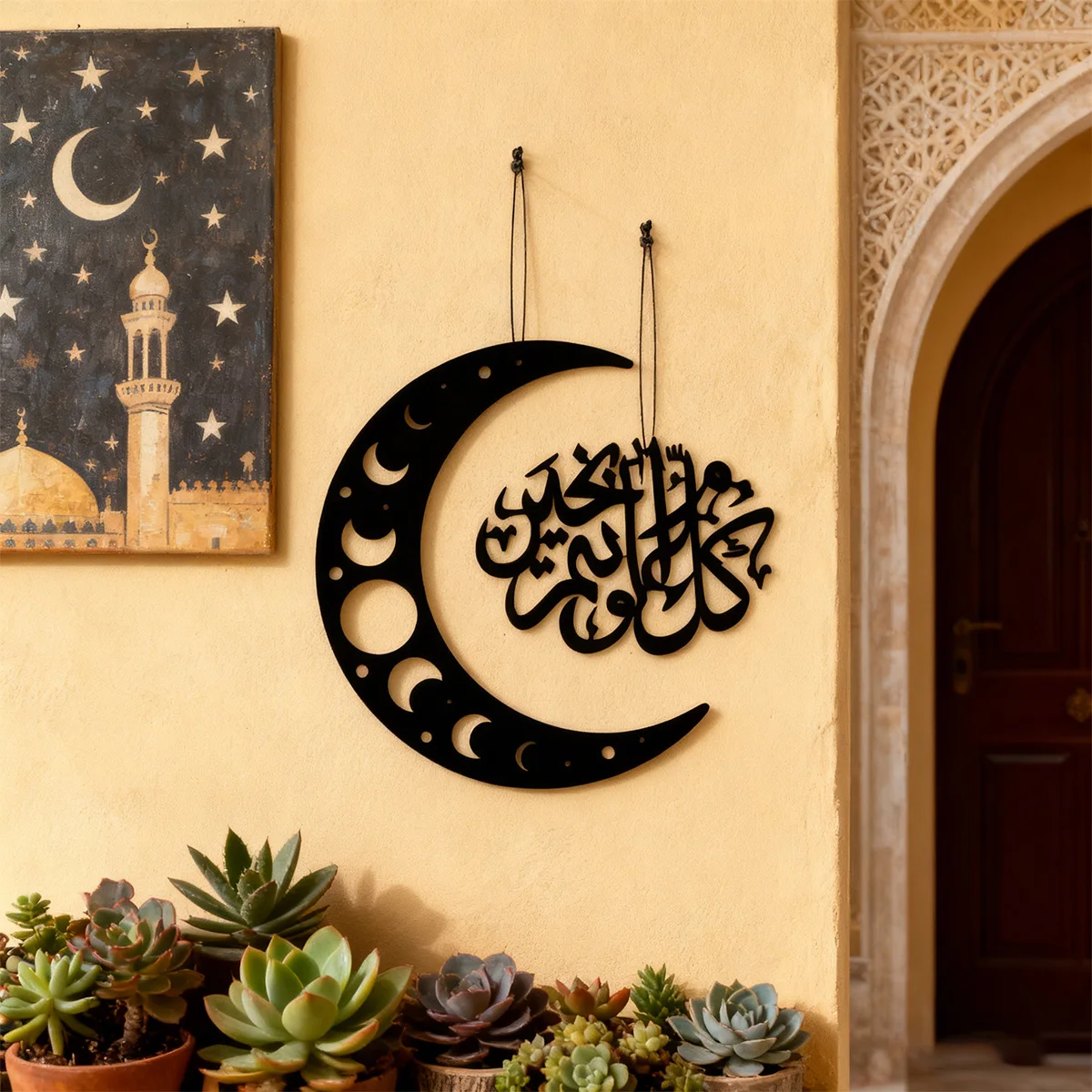 2PCS, creative black wood-patterned moon-shaped decorative hanging ornament, wall hanging for festival celebrations