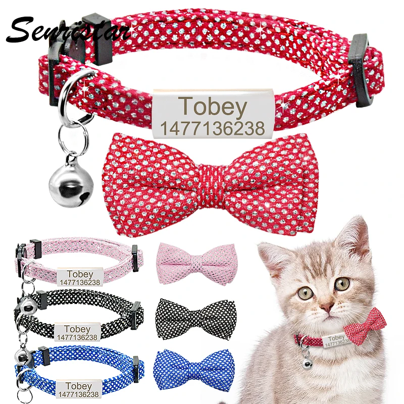 

Bling Bow Tie Cat Collar Personalized Nameplate Cat Collar Bell Necklace Custom Engraved ID Name Tag Cute Bowknot Cat Collar