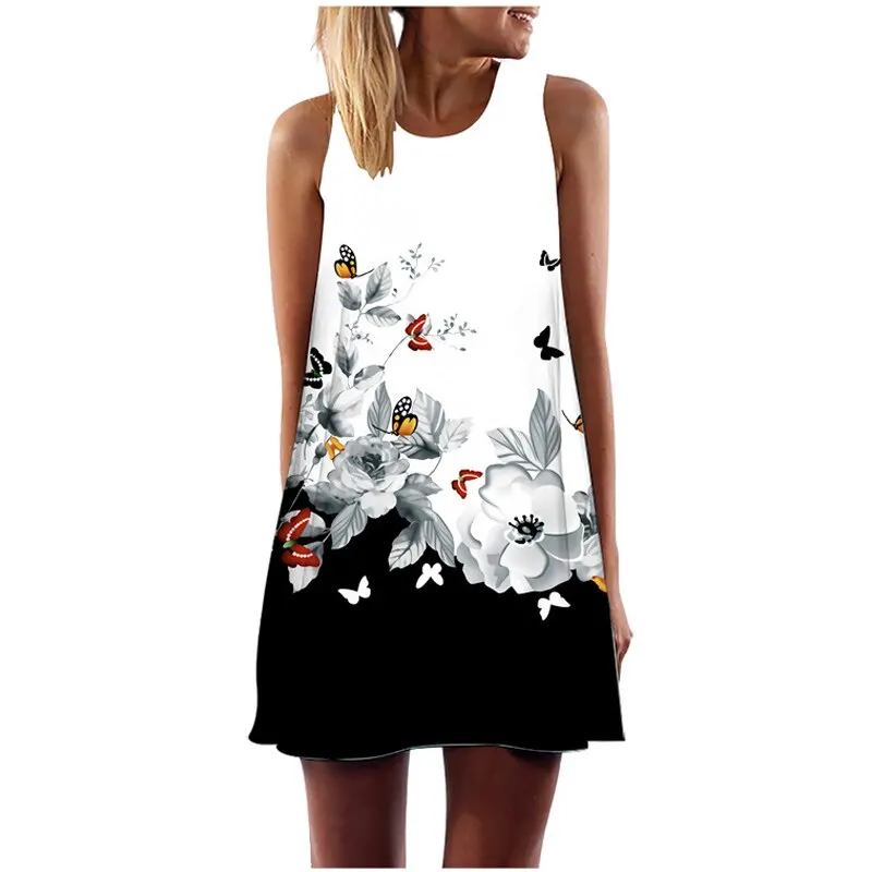 

Summer Vintage Floral Print Women's Vest Dress Casual O-Neck Sleeveless Dress Loose Sweet A-Line Party Wear Beach Sundress