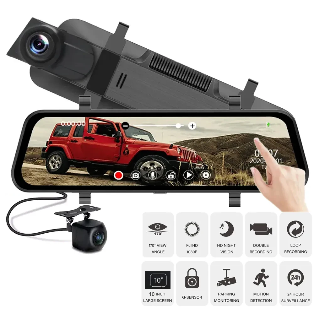 

24H Surveillance Dash Cam 10'' Car DVR Rear Camera 1440P Drive Video Recorder Registrator Auto Rearview Dual Dashcam Black Box