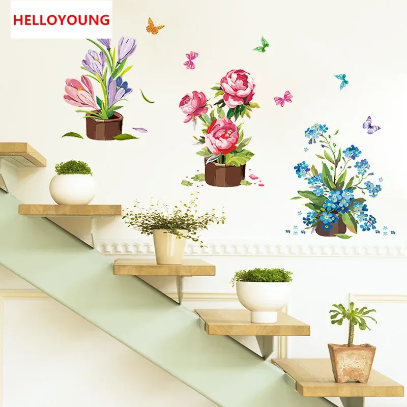 

Garden Plant Bonsai Flower Butterfly Wall Stickers Home Decor Living Room Kitchen Pvc Wall Decals Diy Mural Art Decoration