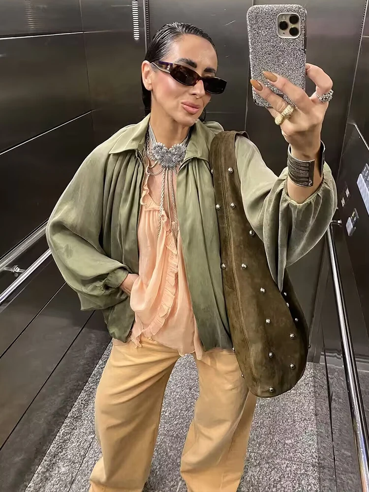 Chic Casual Soft Bomber Jackets Women Long Lantern Sleeve Oversized Spring Autumn Coats Fashion 2025 Streetwear Zipper Outerwear