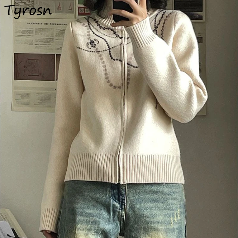 

Cardigans Women Zipper-up Loose Simple Printing All-match Keep Warm Retro Long Sleeve Knitted Tops Stand Collar Sweaters