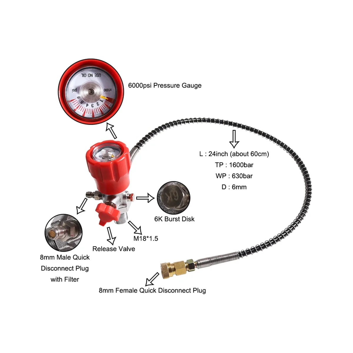 

CO2 Tank Compressed Air DIN Valve Gauge & Fill Station,6000Psi High Pressure, 6Mm Quick Disconnect Adapter,Black+Red