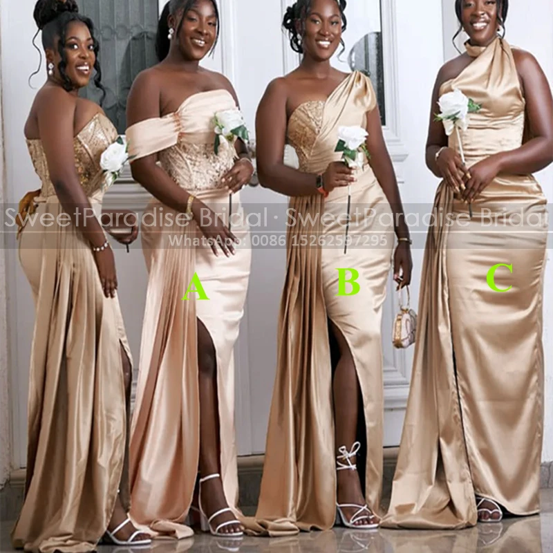 

Dark Champagne Sequins Bridesmaid Dresses Mermaid Streamer Side Split Off Shoulder Long Trumpet Wedding Party Dress