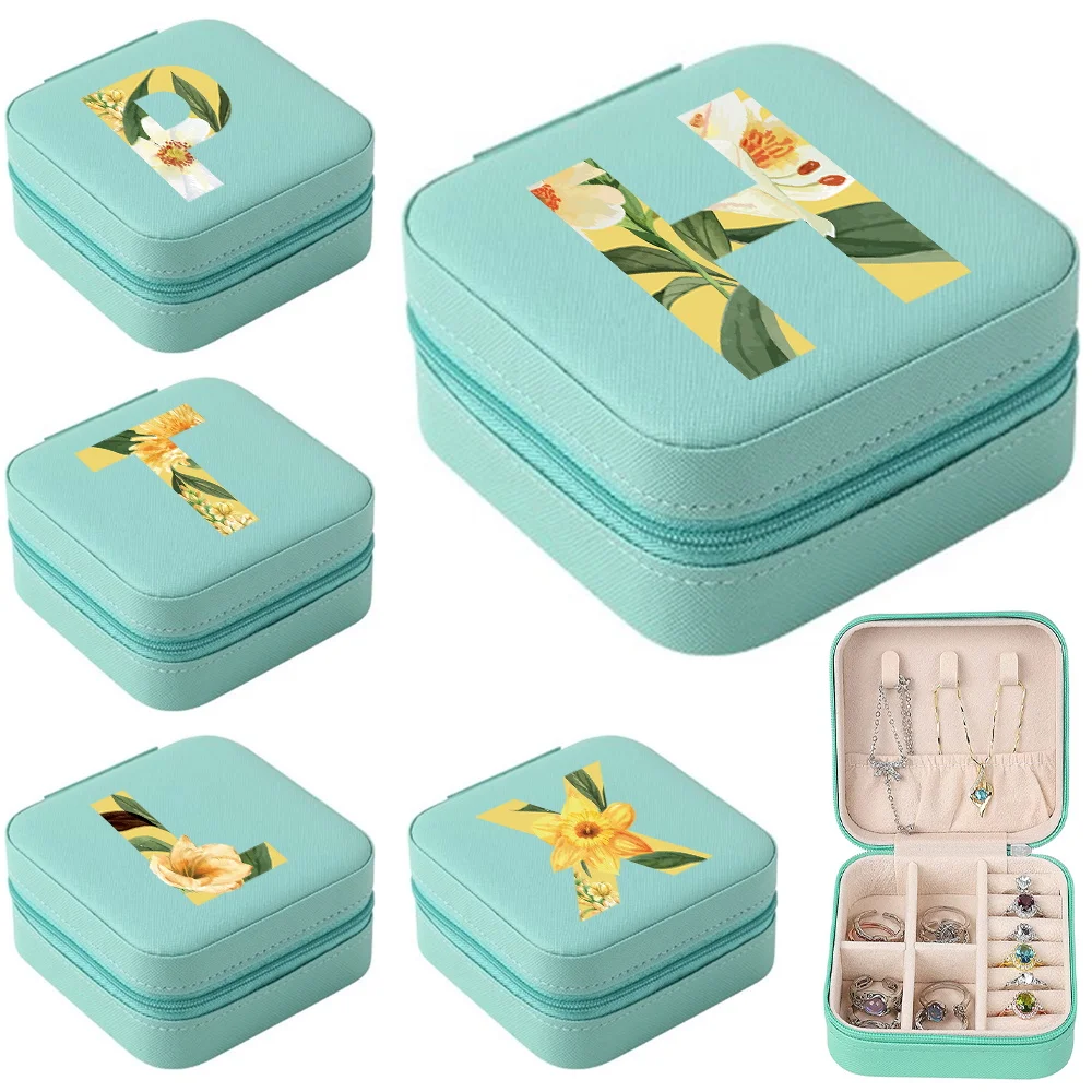 

Portable Jewelry Packaging Box Floral Letter Name Travel Jewelry Case Leather Storage Earring Necklace Jewelry Organizer Display