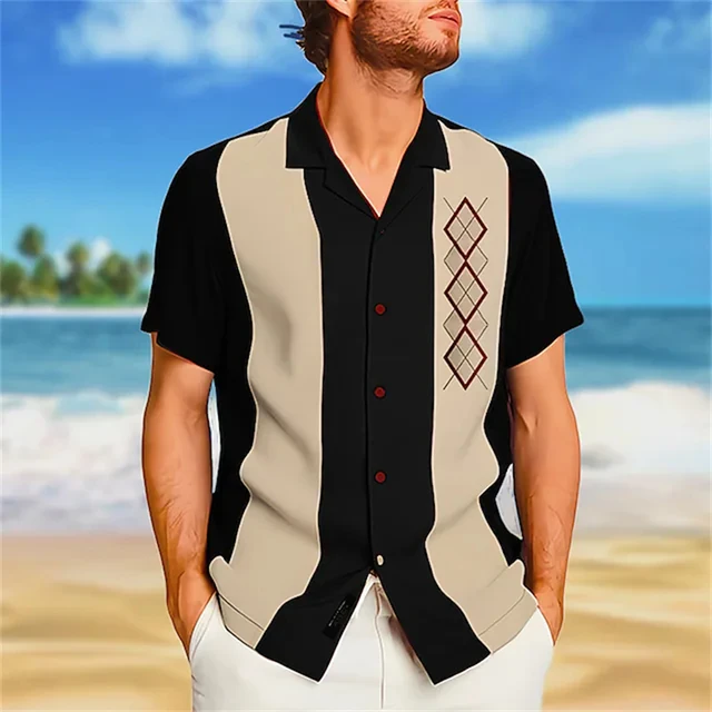 Camisa hawaiana de manga corta con estampado 3D para hombre, camisa negra con cuello de Cuba geométrico, informal, la moda, para nueva _ - AliExpress Mobile