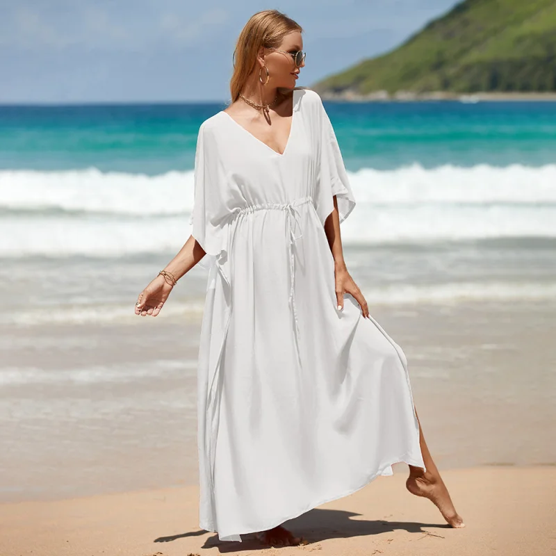 V-neck Batwing Sleeve Solid Color Waistband Dress For Women Summer Bikini Beach Wear Kaftan Long Bathing Swimsuit Cover Up
