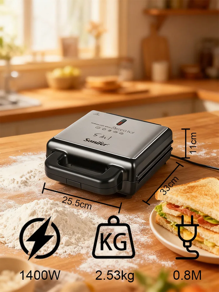 Sonifer 5-in-1 Sandwich Maker SF-6143, Multi-Function Grill for Bars, Triangles, Waffles, Nuts & Donuts, Non-Stick Plates,