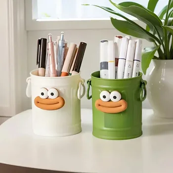 Cute smiley face pen holder with expressive eyes and mouth - Large capacity durable PP plastic desktop storage box with expressi 1
