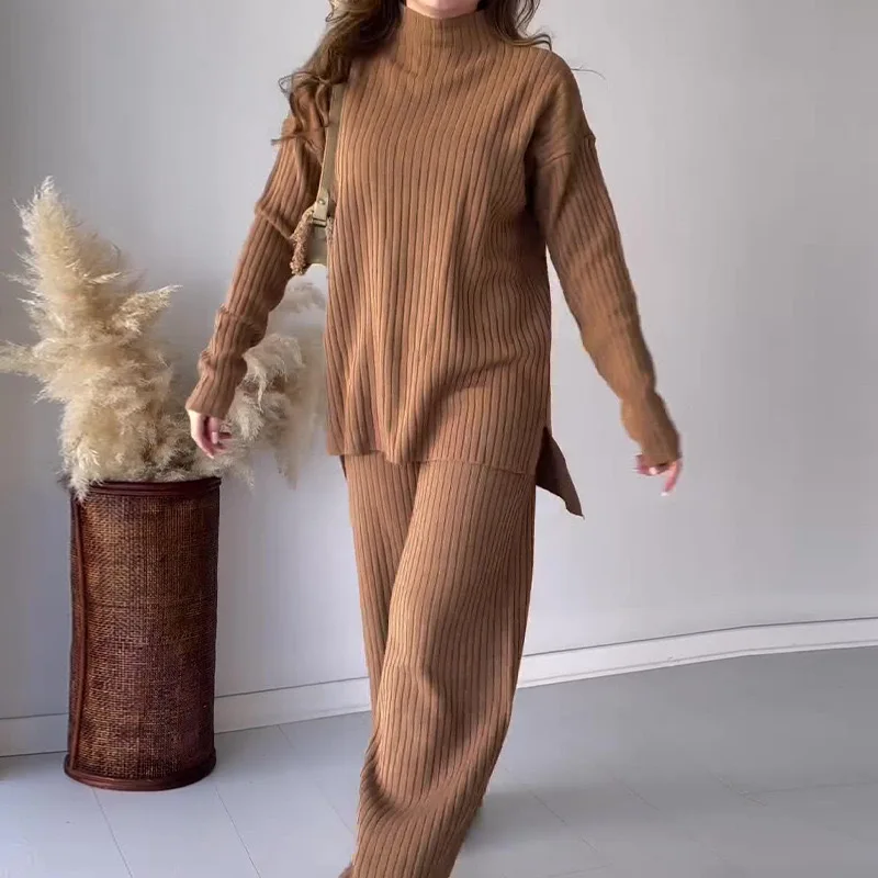 Two Pieces Women Pant Sets Solid Turtleneck Tops Pullover Wide Leg Ankle Length Pants Matching Sets Pockets Sports Casual 6