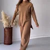 Two Pieces Women Pant Sets Solid Turtleneck Tops Pullover Wide Leg Ankle Length Pants Matching Sets Pockets Sports Casual 6