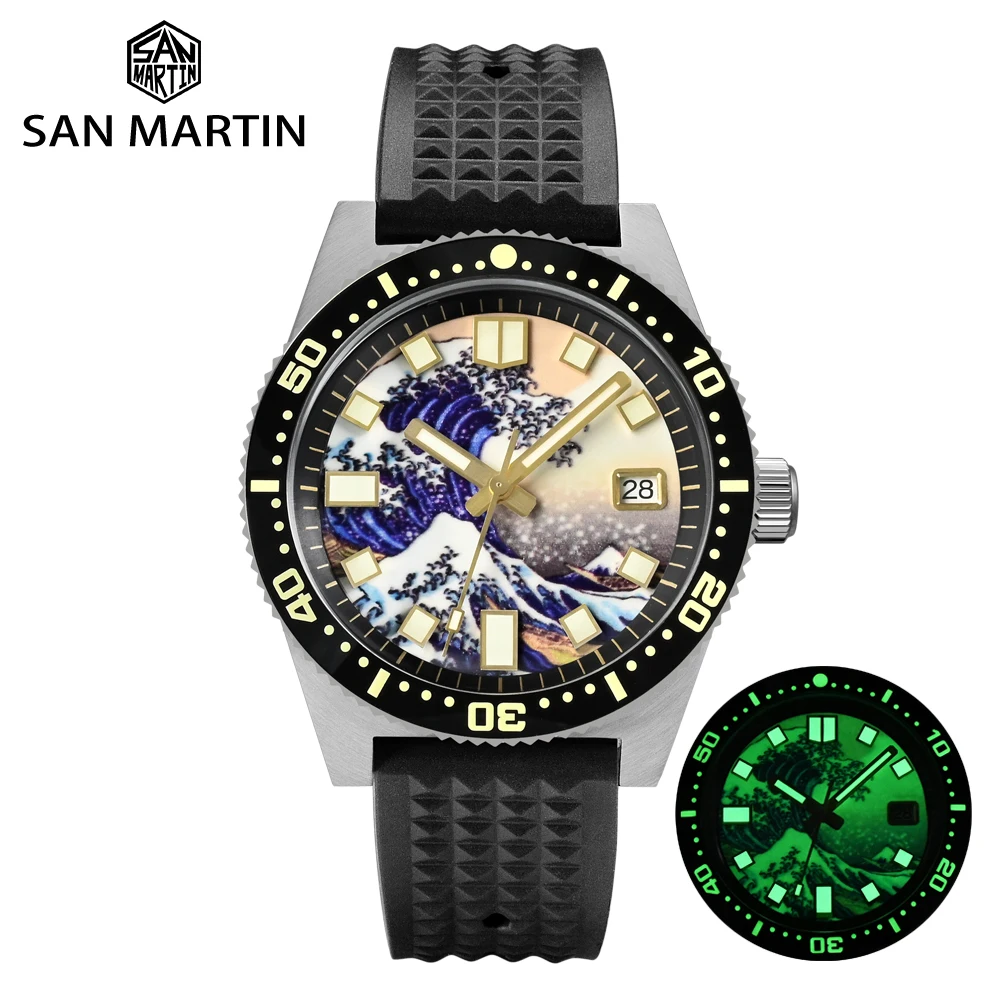 NC San Martin Nuovo 62Mas Diver Meccanico Automatico Degli Uomini Della Vigilanza NH35 Lunetta In Ceramica Sunray Quadrante Vetro Zaffiro Orologi In Acciaio Inox (rubber strap blue