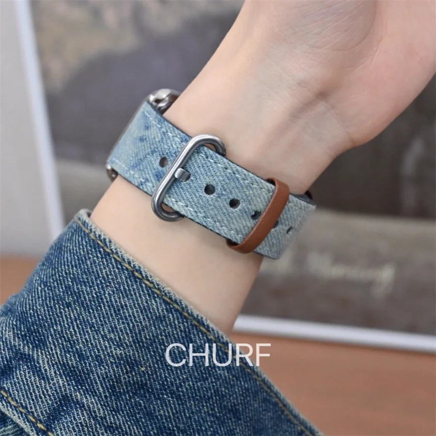Apple Watch 스트랩과 호환되는 새로운 타이 염색 데님 스트랩 49mm 45mm 44mm 42mm Apple W와 호환되는 여성용 교체 스트랩