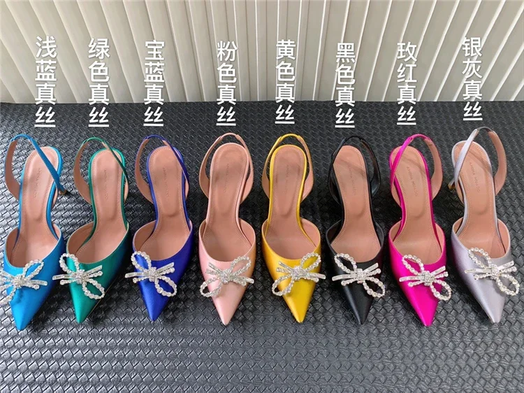 

7cm heels Amina Muaddi Pointed-Toe Embellished Slingback Pumps Wedding party Bow Crystal High Heels Silk Sexy Sandals for