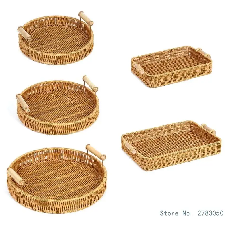 Handmade Wicker Storage Baskets Imitation Rattan Woven Baskets Compact Bread Fruit Home Organization Tray 5