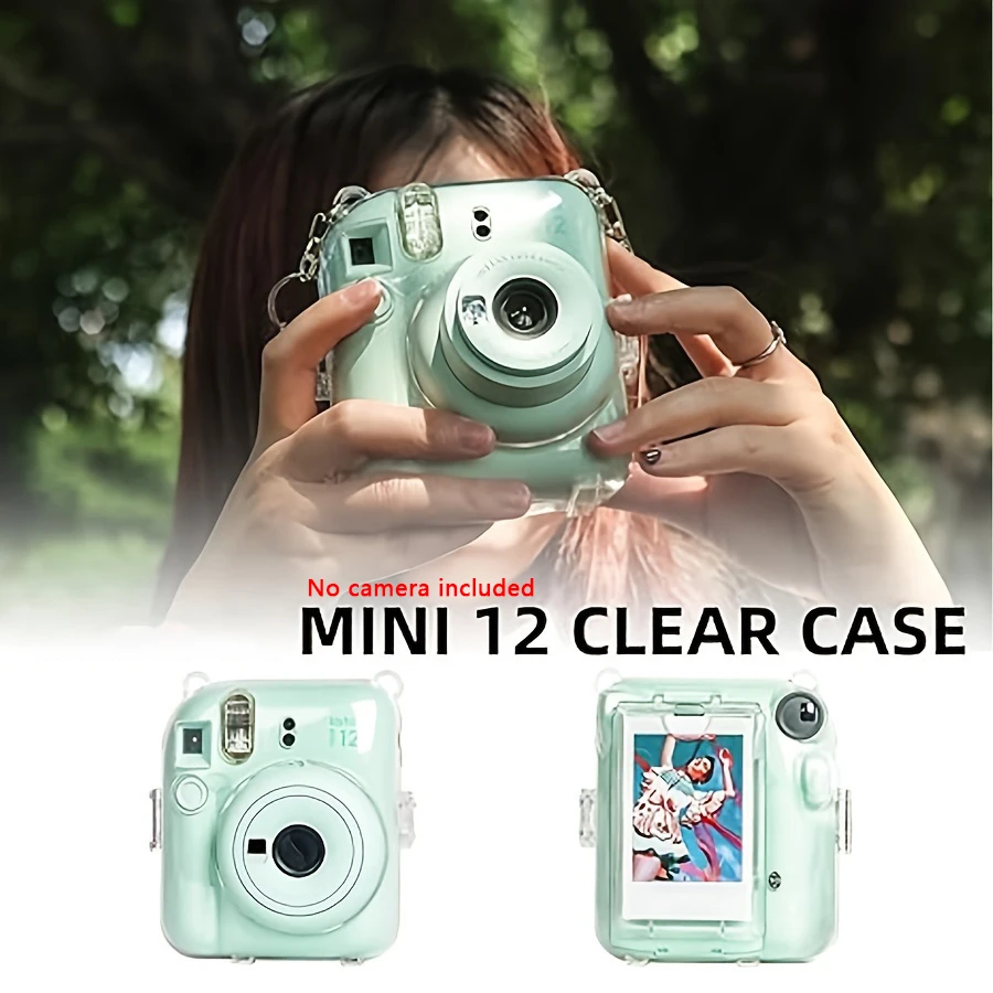 5-Piece Set Clear Protective Case-Camera Case Compatible with Fujifilm Instax Mini 12, Hard PC with 2 Straps and Stickers
