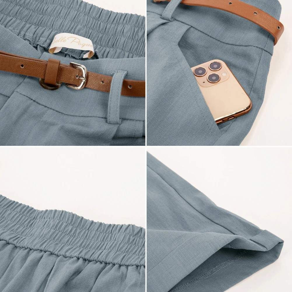 Belle Poque Women Bermuda Shorts Elastic Waist Wide Leg Shorts With Pockets And Belts 50s Summer High Waisted Short Pants A30