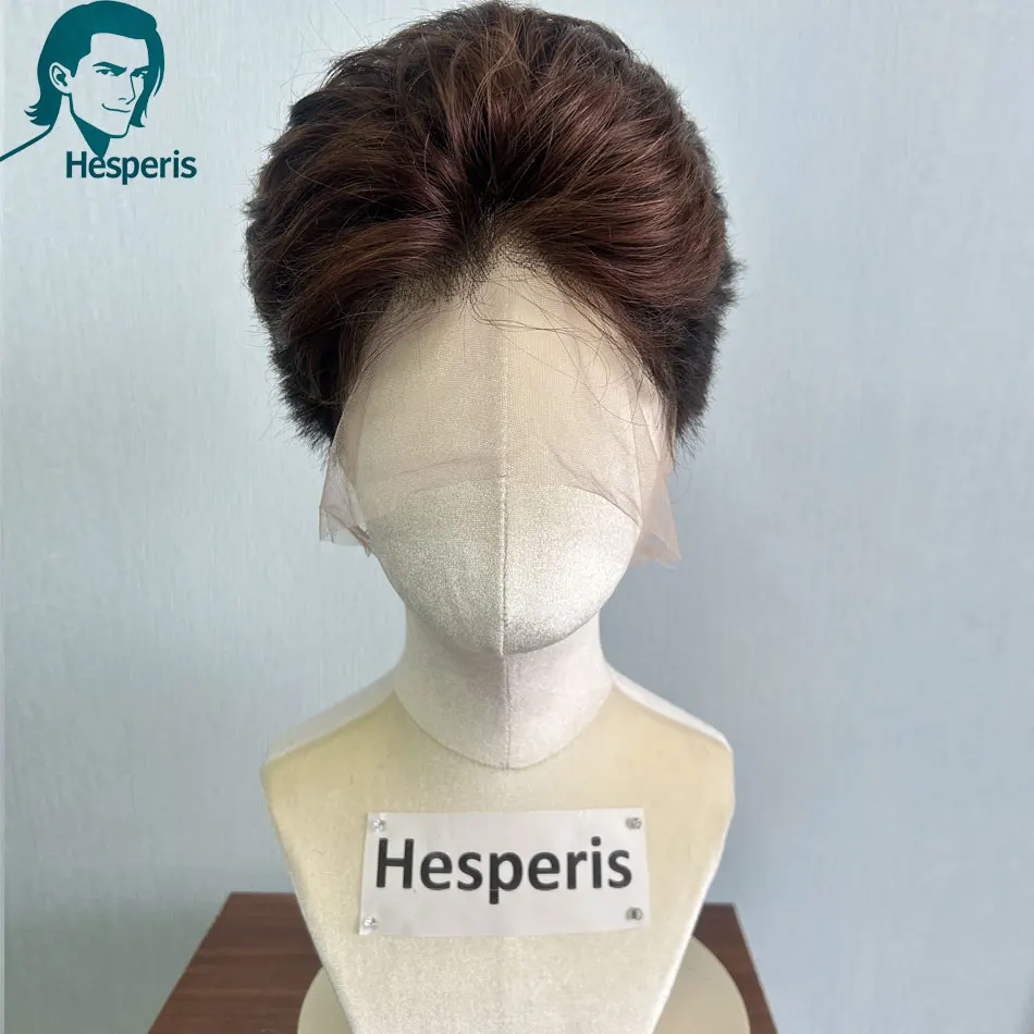 헤스페리스 남성용 버즈컷 옴브레 다크 브라운 풀 레이스 가발 짧은 남성용 헤어피스 멋진 글루리스 변색 숏 가발