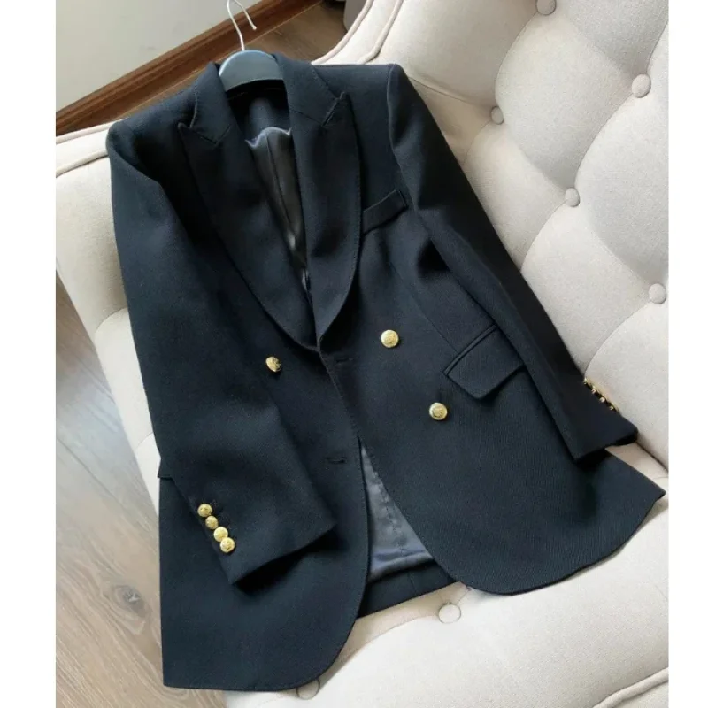 Women Worsted Wool Blazers Spring Notched Australian Slim Fit Suits Jackets Office Button Clothing Pocket Slit Coats Coffee Tops
