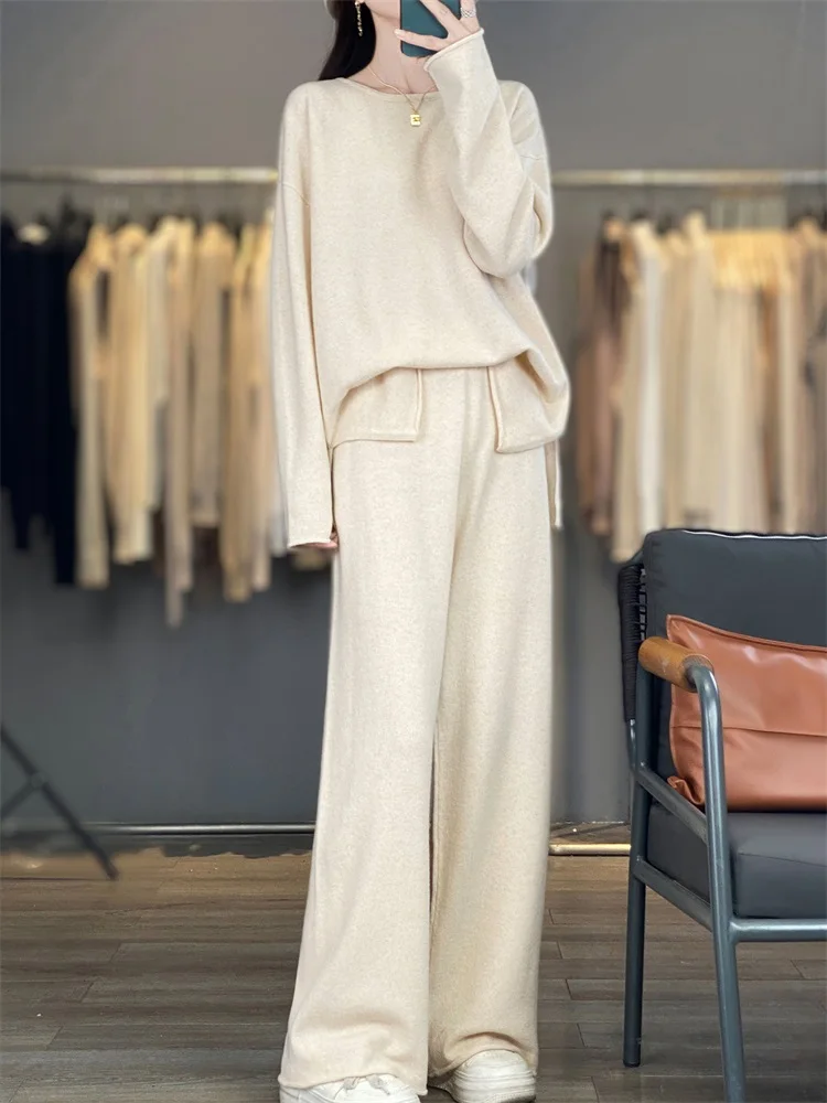 Women's matching set 100% Merino wool round neck sweater elastic waist pants two-piece set knitted casual loose women's clothing 6