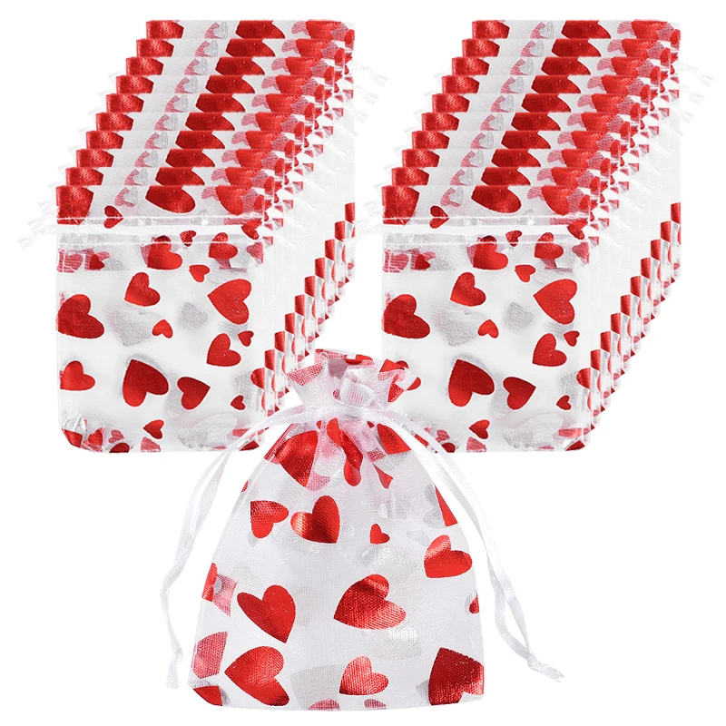 50pcs Red Love Heart Organza Bag Wedding Valentines Day Gift Candy Drawstring Bag Jewellery Display Pouches Birthday Party Decor