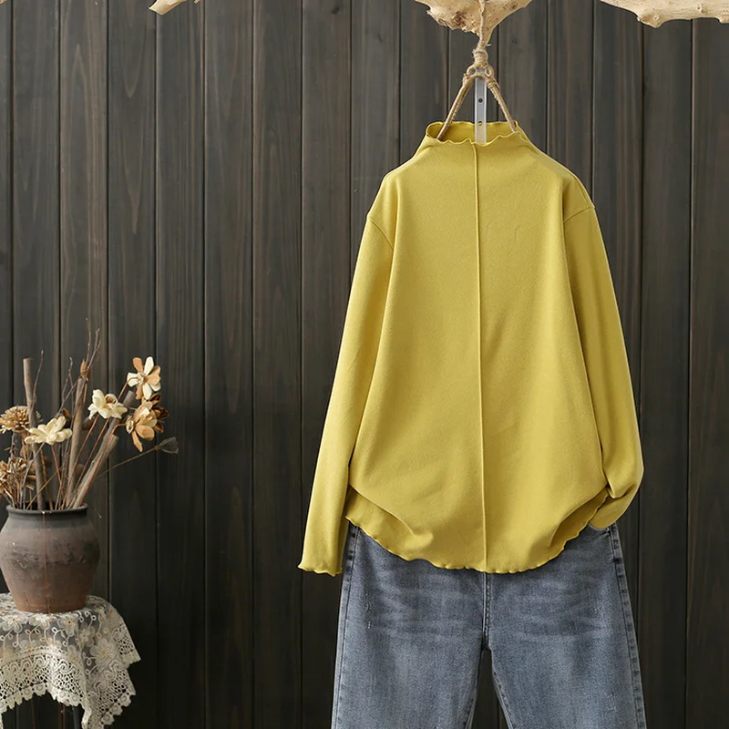 

Fleece Ruffles Solid Women T-Shirts Autumn Loose Long-Sleeved Turtleneck Thick Warm Bottoming Pulls Tops