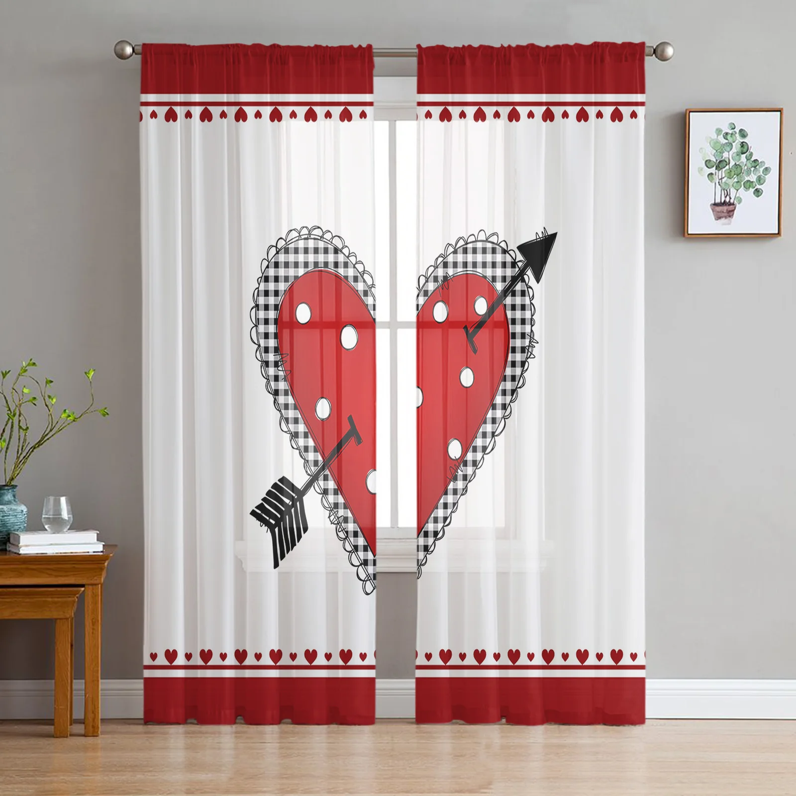 

Valentine'S Day Red Heart Arrow Modern Tulle Curtains for Living Room Bedroom Home Kitchen Window Sheer Curtains