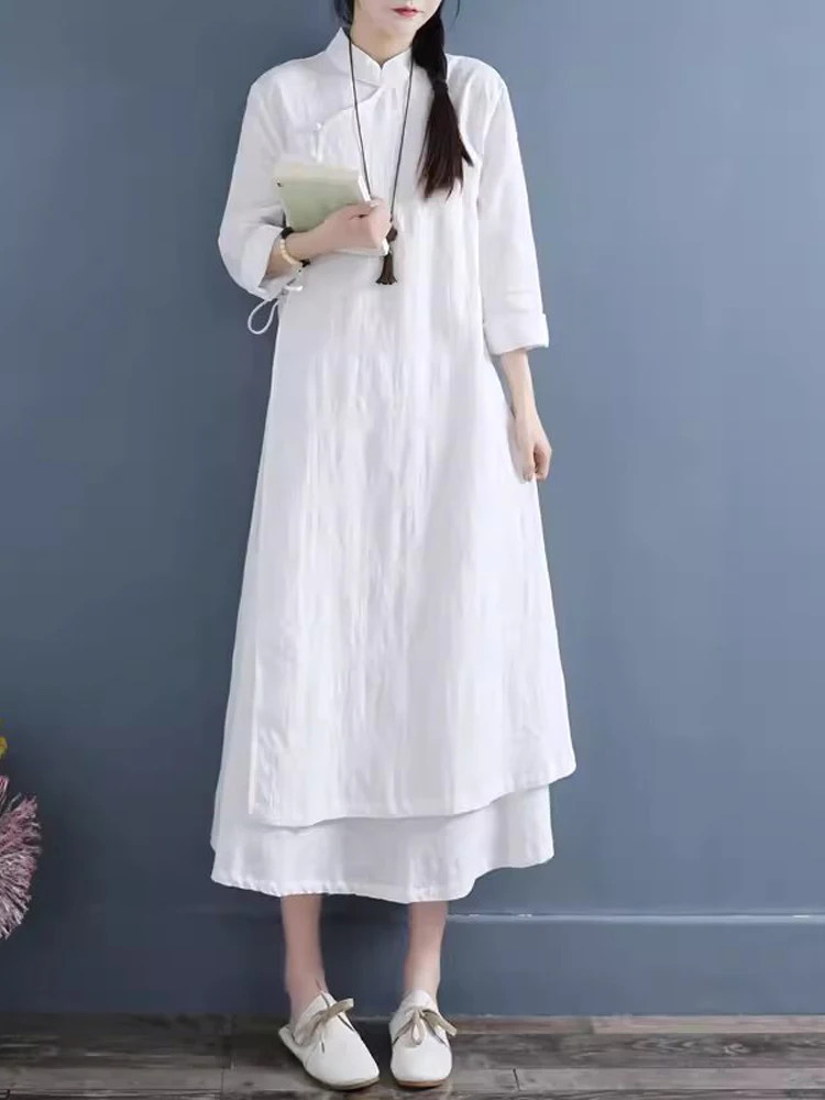 NYFS 2025 Primavera Autunno Nuove Donne Abiti Abiti Robe Elbise Allentato Plus Size Cotone Lino Doppio Strato Abito Lungo 3