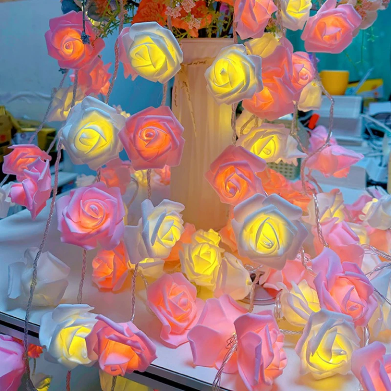 

10/20/40LED Artificial Rose Flower Garland String Light LED Fairy Lights Valentine's Day Wedding Christmas Party Decorations