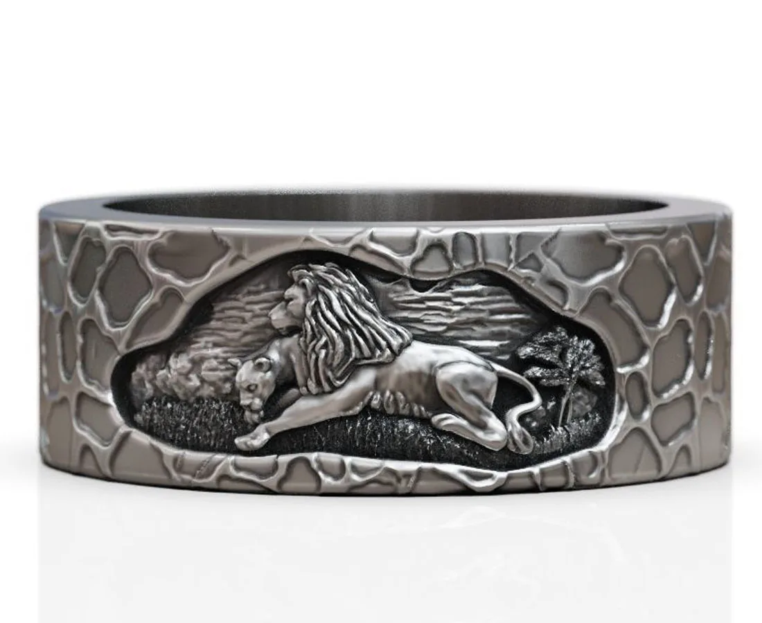 

Wedding Band Promise Pair Back To Nature Lion Family Art Relief 925 Solid Sterling Silver Ring