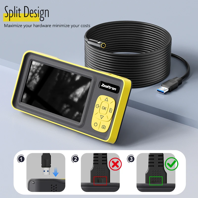 1-15m 4.3'' IPS 산업용 내시경 3.9mm/5.5mm/8mm 1080P 카메라 분리형 디자인 자동 초점 8mm 1920P 리지드 케이블 2600mAh
