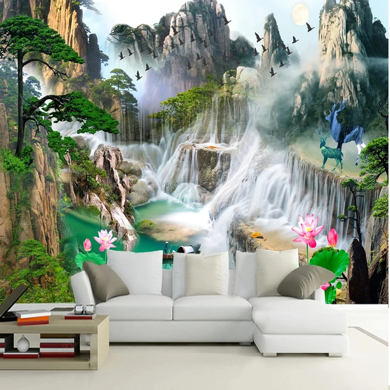 Papel de Parede Personalizado Foto 3d Mural Moderno para Sala de Estar Quarto Estudo Decoração Fresco Floresta Cachoeira Paisagem Nascer do Sol Montanha