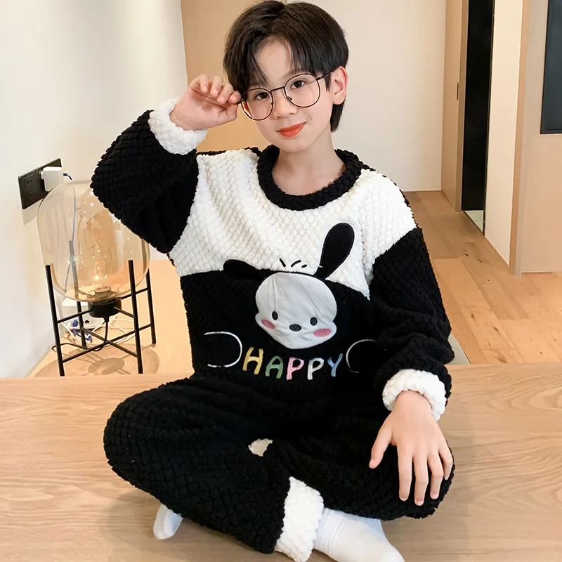

Autumn Winter Pajamas for Children Thickened Warm Pajama Set Boy Girl Cartoon Cute Home Clothes Coral Fleece Two Piece Pajamas