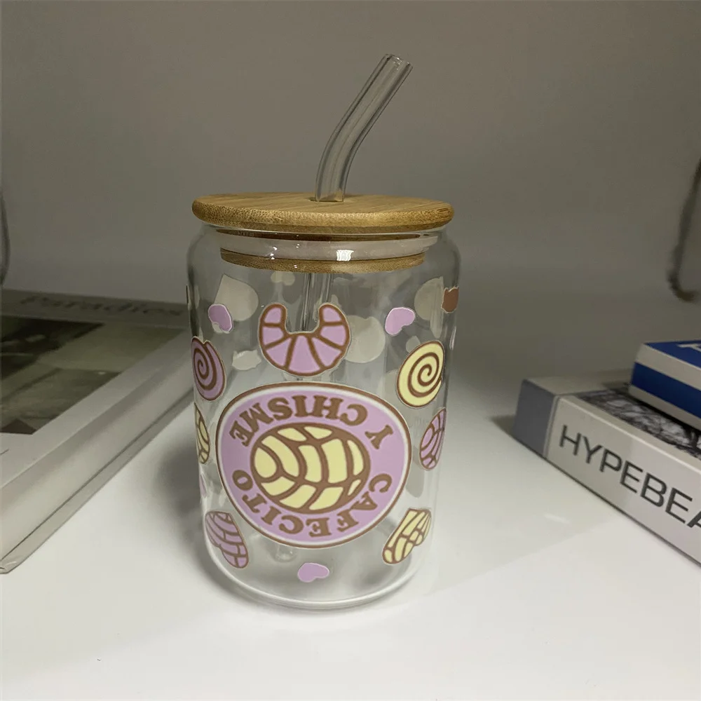 1pc Glass Cup Set With Lid & Straw And sticker 550ml Glass Coffee Cup For Iced Coffee, Tea, Juice, Milk Birthday, Holiday Gift