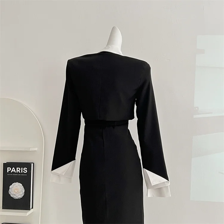 Y2K 3-piece Set Women Crop Coat Blazer White Shirt Halter Sleeveless Bodycon Midi Dress Autumn New Female Korean Chic Outfits